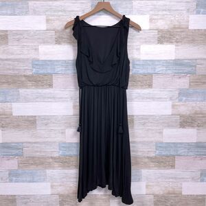 LOFT Ruffle V Back Dress Black Tasseled Stretch Jersey Knit Casual Womens XS